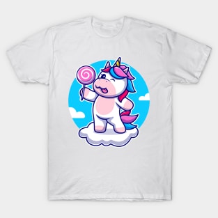 Cute unicorn holding candy & standing on cloud T-Shirt